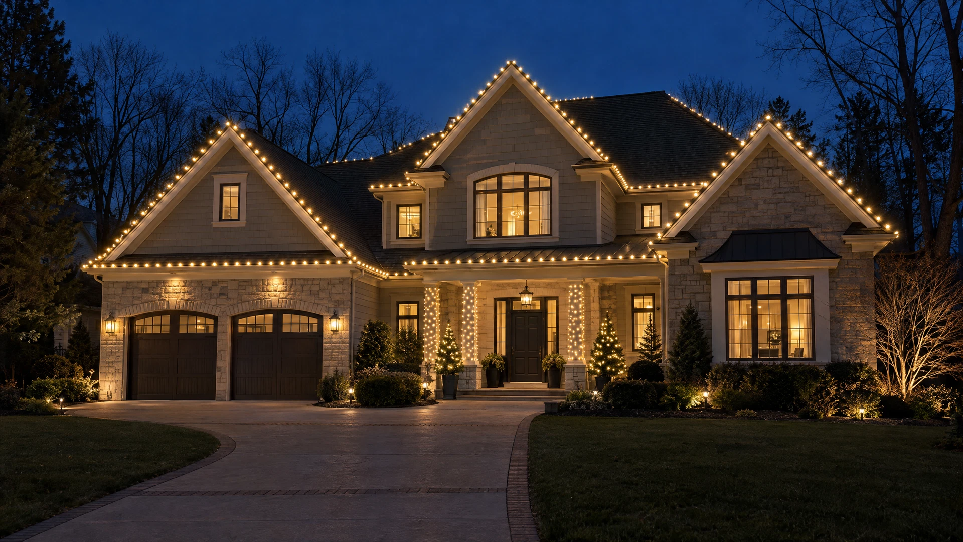 Two-story home with warm-white C9 Christmas lights tracing the roofline and entryway at dusk