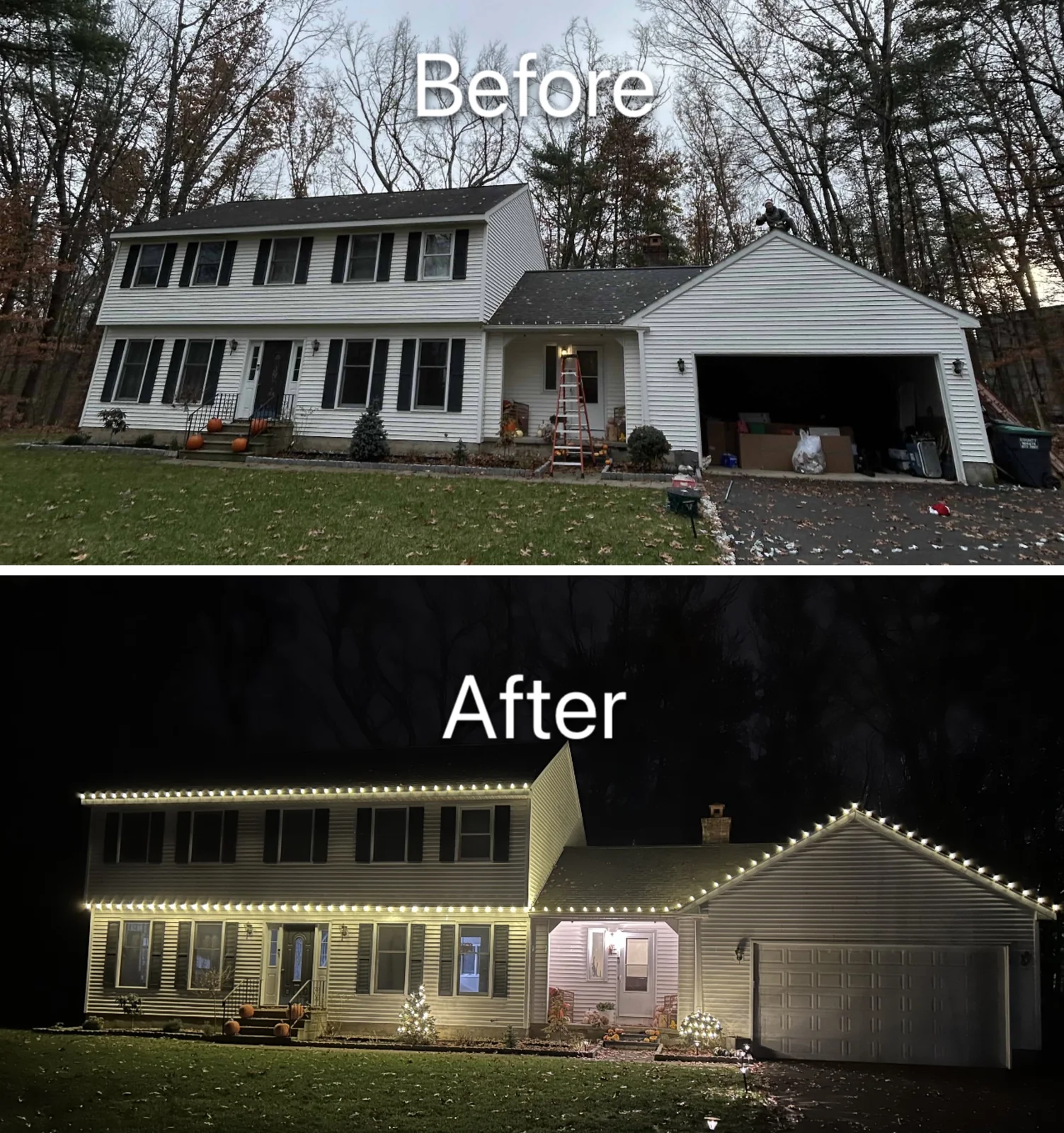 Before-and-after comparison of a two-story home with warm-white roofline holiday lights