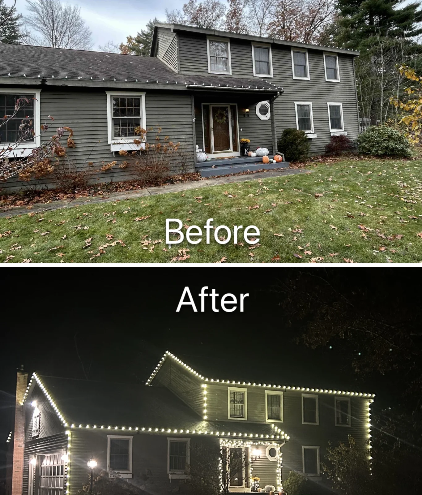 Before-and-after comparison of a home with a warm-white gable, roofline, and entryway display
