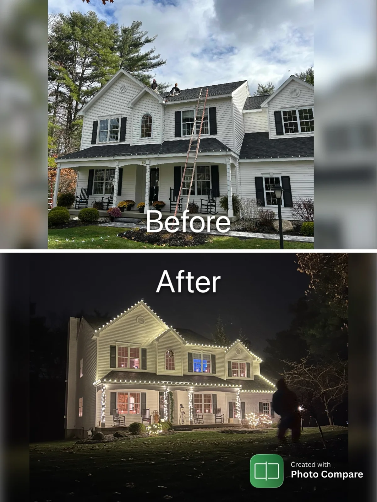 Before-and-after composite of a multi-gable home with warm-white holiday roofline lights