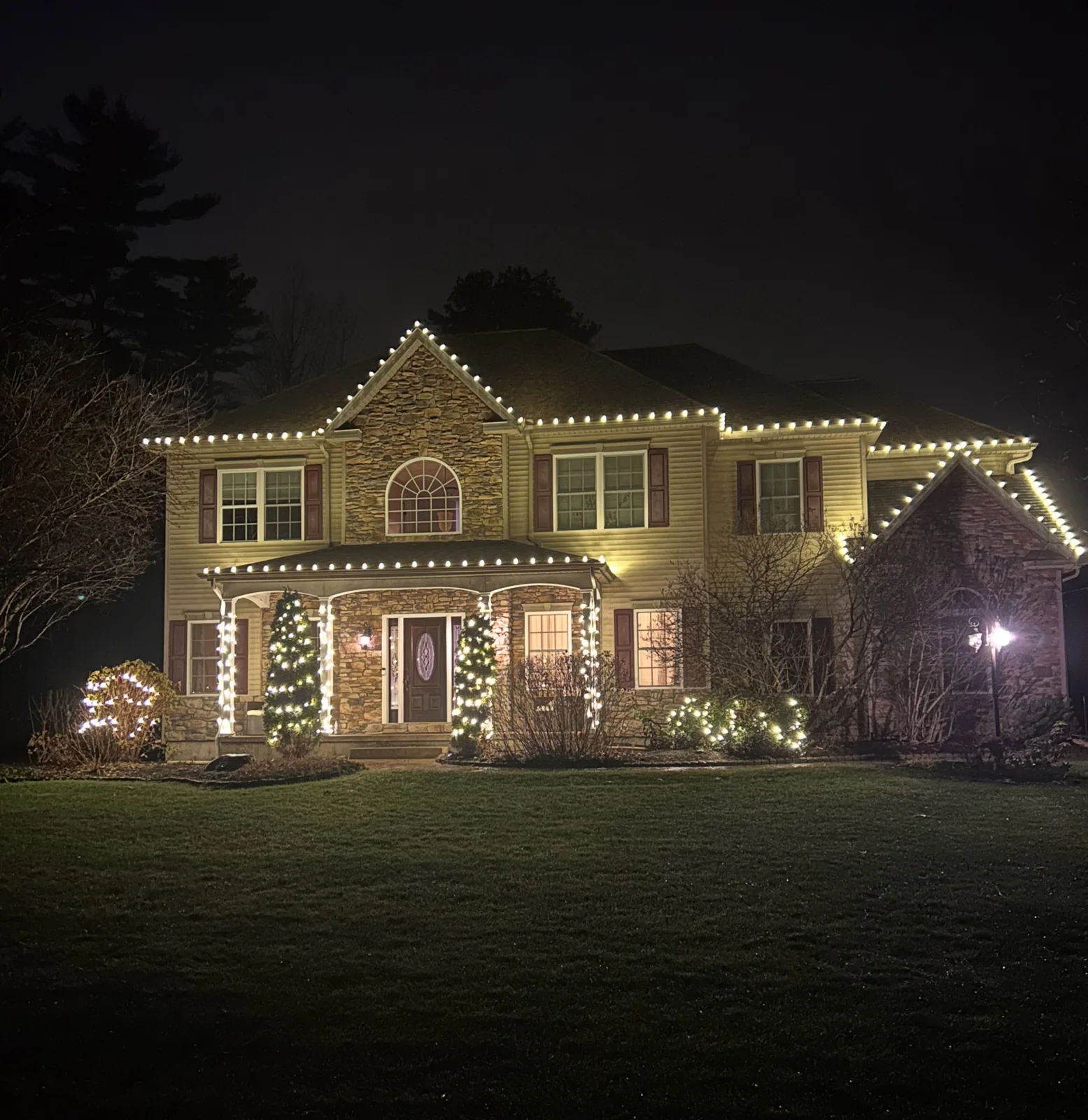 Residential holiday display with blue lighting, snowflake accents, and illuminated landscape details